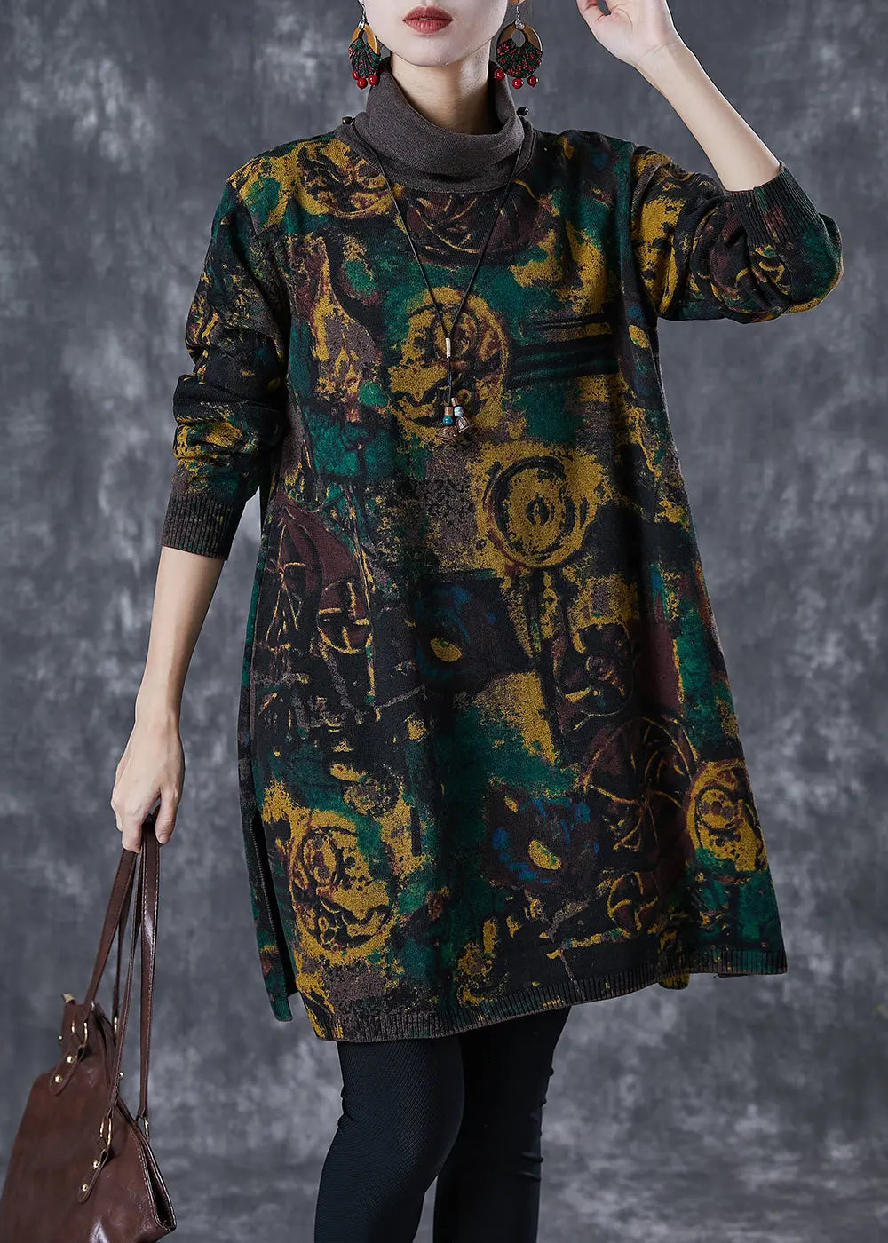 Vintage Black Turtle Neck Print Knit Dress Winter Ada Fashion
