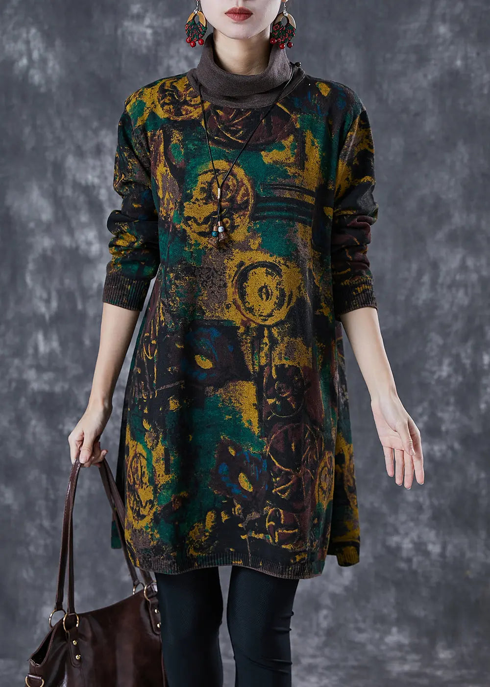 Vintage Black Turtle Neck Print Knit Dress Winter Ada Fashion