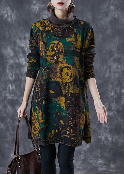 Vintage Black Turtle Neck Print Knit Dress Winter Ada Fashion