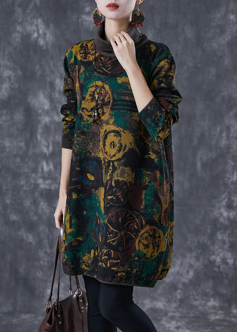 Vintage Black Turtle Neck Print Knit Dress Winter Ada Fashion