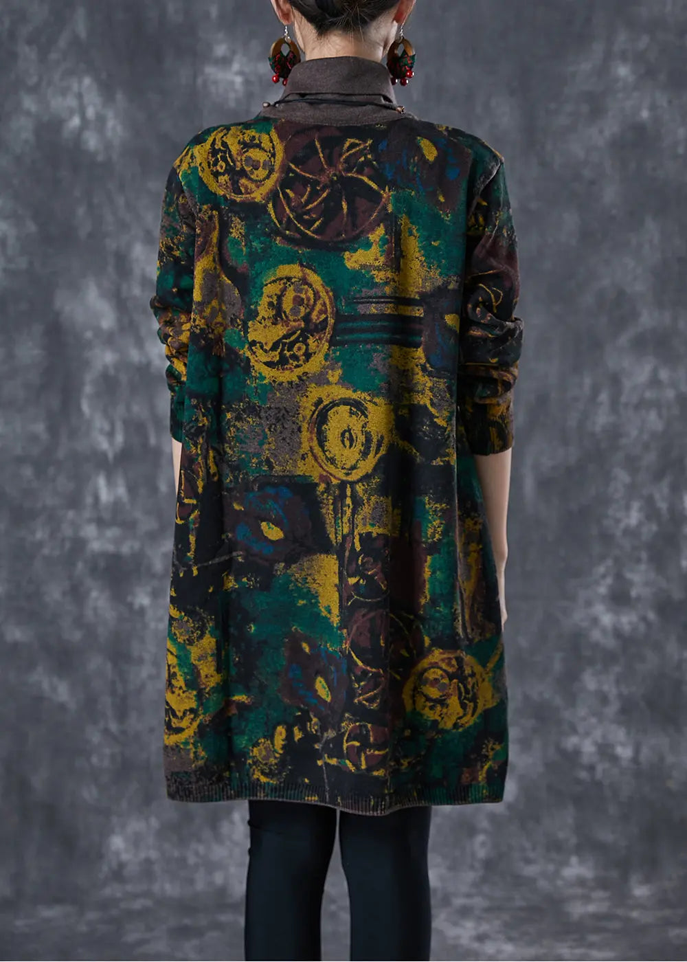 Vintage Black Turtle Neck Print Knit Dress Winter Ada Fashion