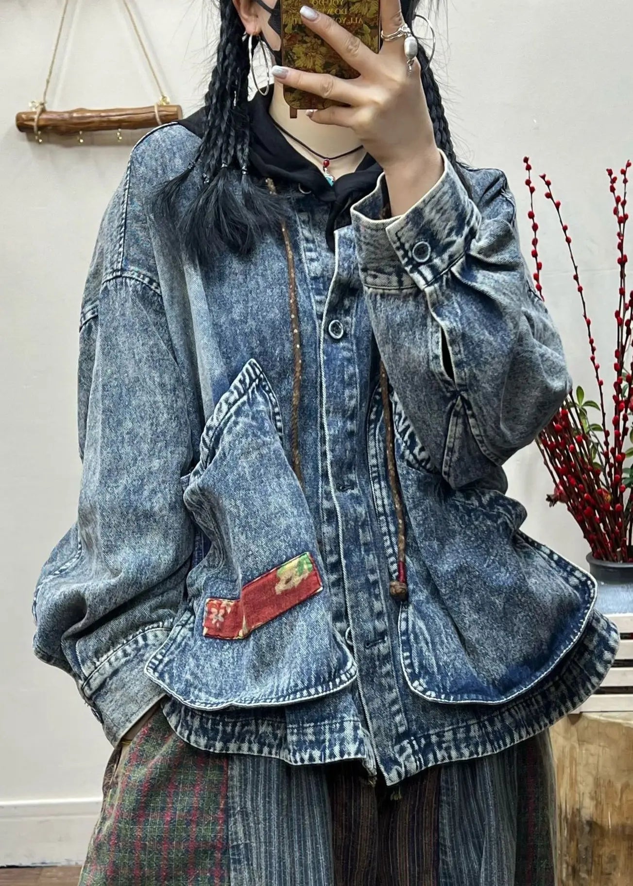 Vintage Blue Button Pockets Patchwork Denim Coat Fall Ada Fashion