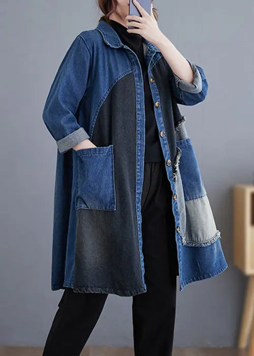 Vintage Blue Button Pockets Patchwork Denim Trench Coat Fall Ada Fashion