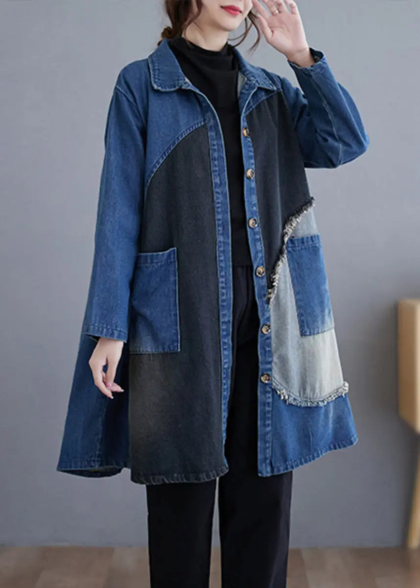 Vintage Blue Button Pockets Patchwork Denim Trench Coat Fall Ada Fashion