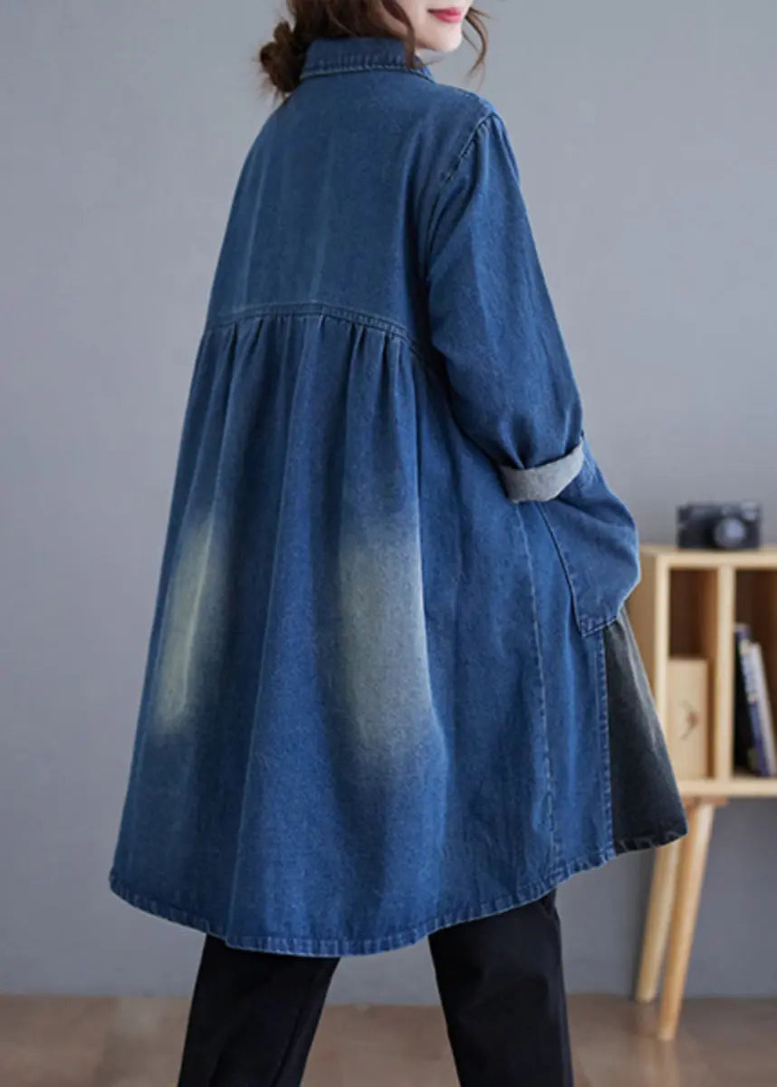 Vintage Blue Button Pockets Patchwork Denim Trench Coat Fall Ada Fashion