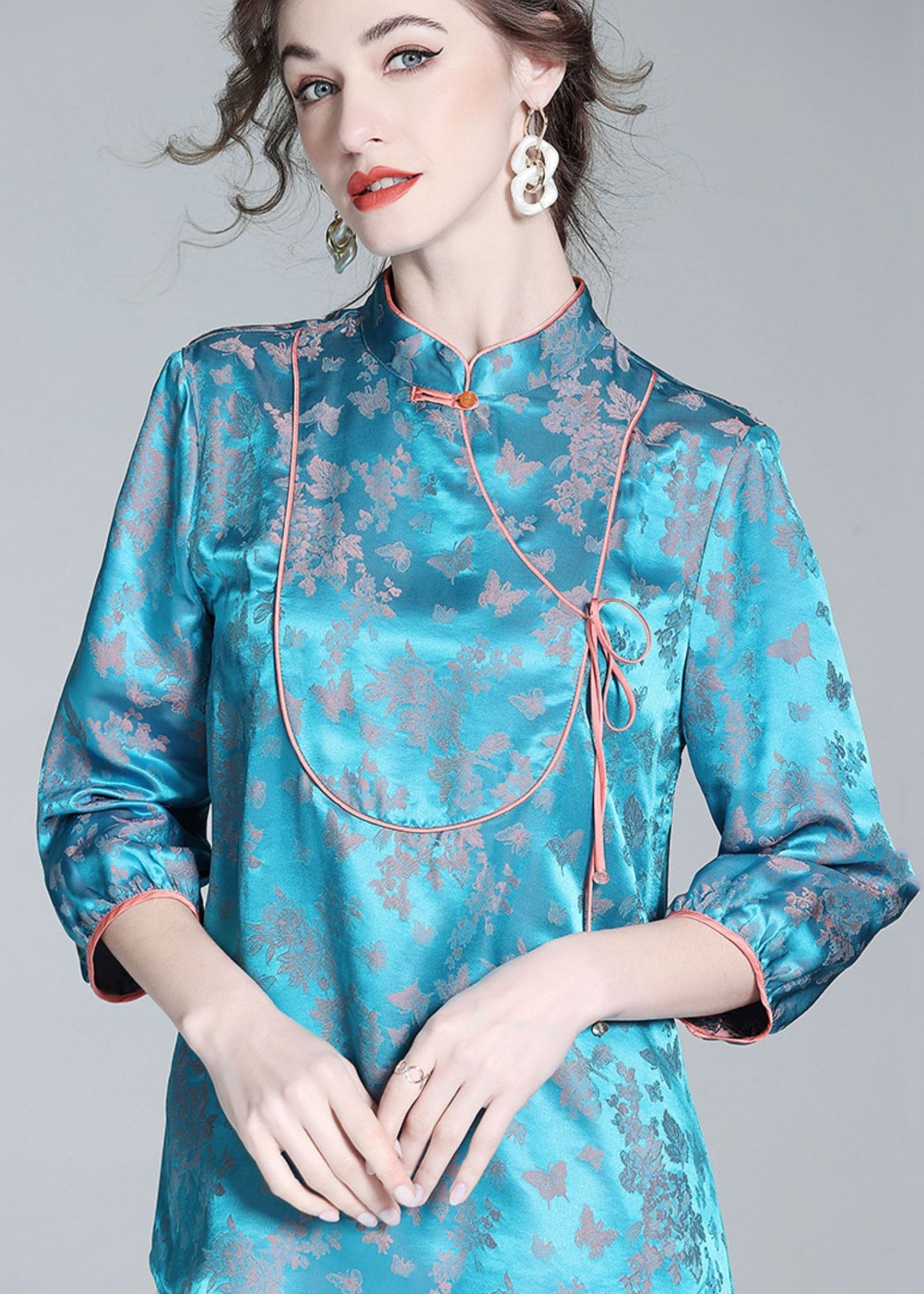 Vintage Blue Stand Collar Patchwork Jacquard Silk Blouse Tops Spring LY0139