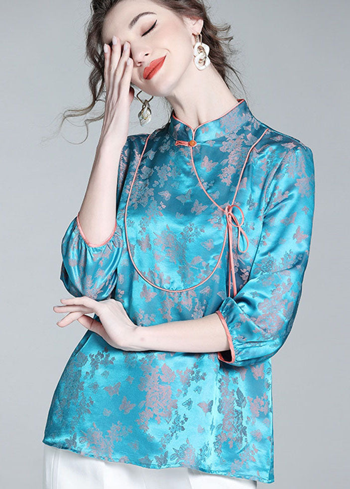 Vintage Blue Stand Collar Patchwork Jacquard Silk Blouse Tops Spring LY0139