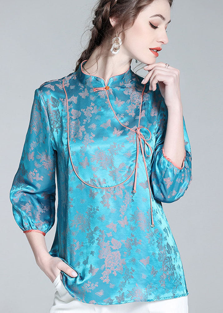 Vintage Blue Stand Collar Patchwork Jacquard Silk Blouse Tops Spring LY0139