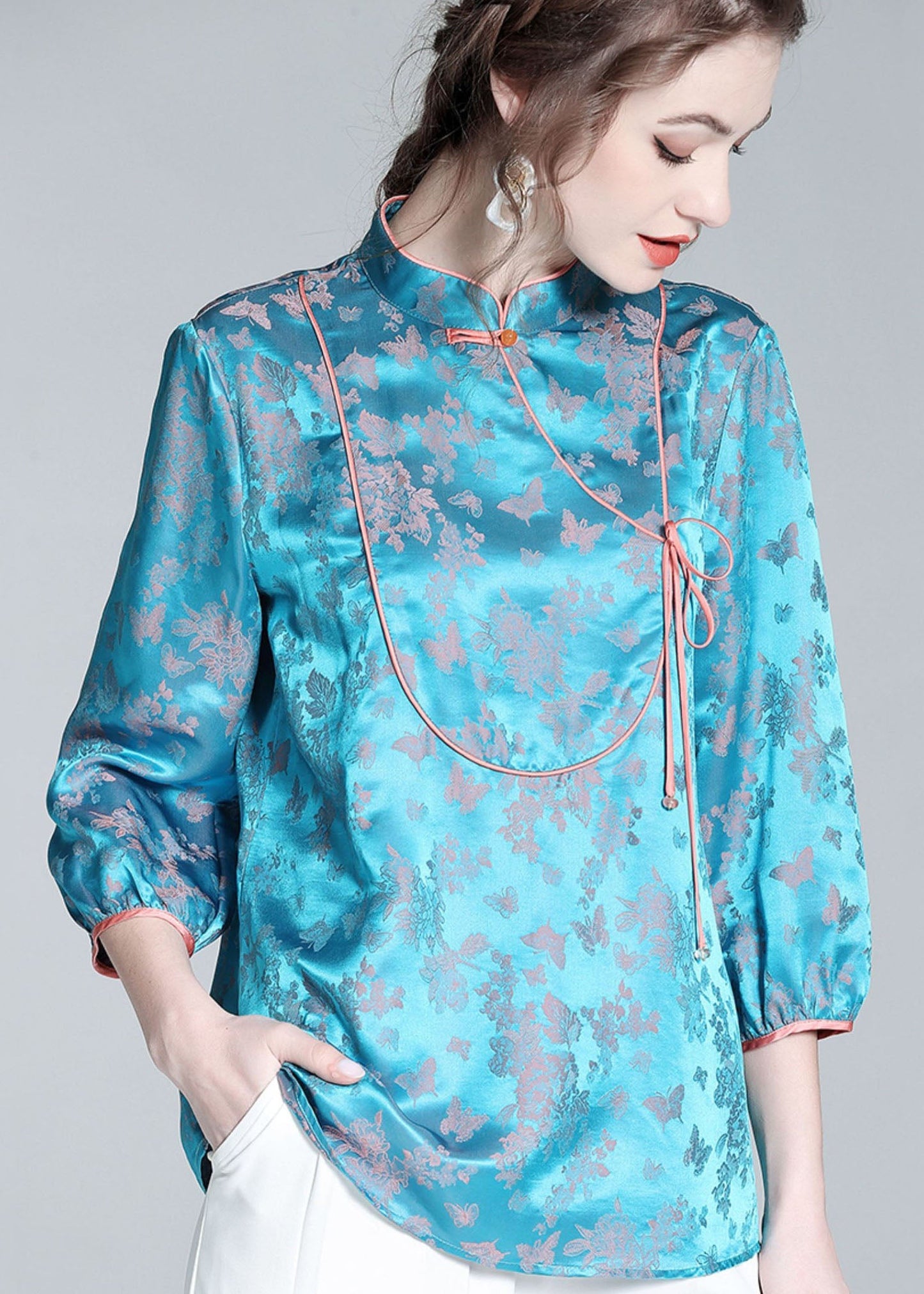 Vintage Blue Stand Collar Patchwork Jacquard Silk Blouse Tops Spring LY0139