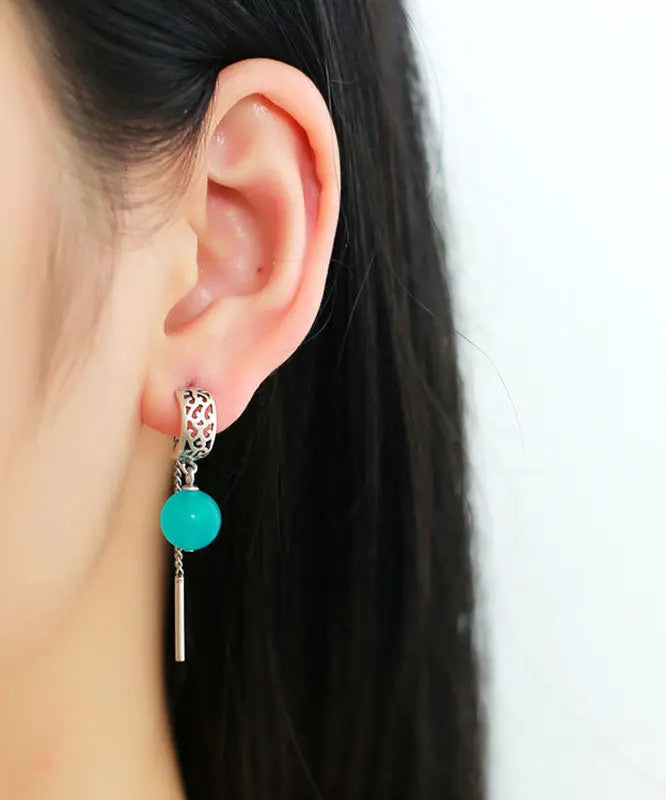 Vintage Blue Sterling Silver Gem Stone Tassel Drop Earrings Ada Fashion