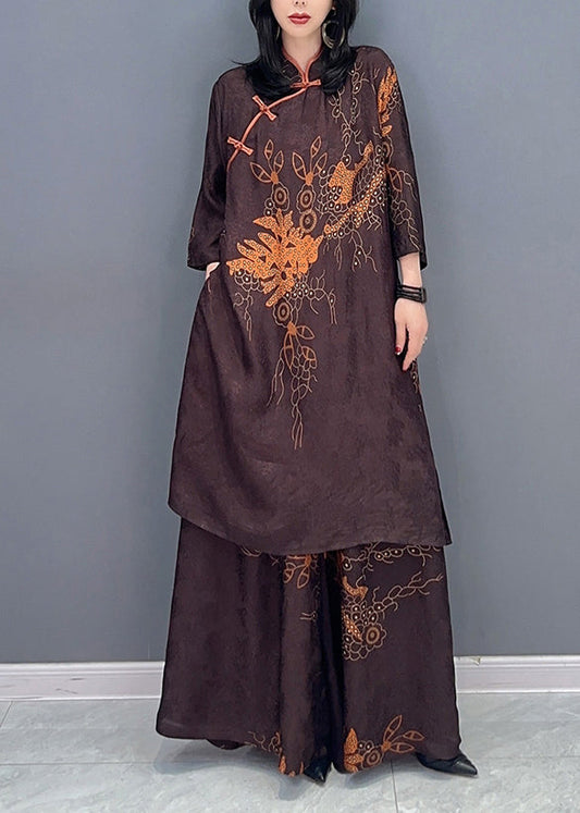 Ensemble deux pièces vintage marron à col montant et pantalon à jambes larges