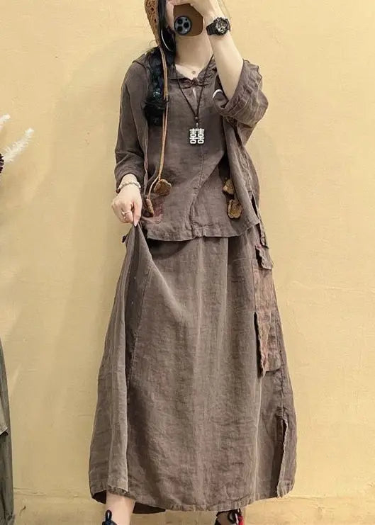 Vintage Coffee Hooded Patchwork Tops And Skirts Cotton Two Pieces Set Summer Ada Fashion