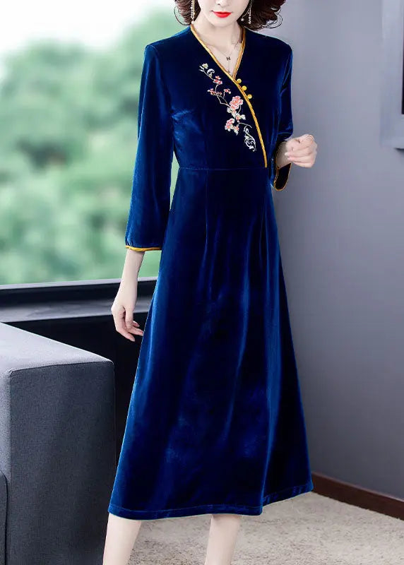 Vintage Dark Blue V Neck Embroidered Floral Silk Velour Holiday Dress Long Sleeve Ada Fashion