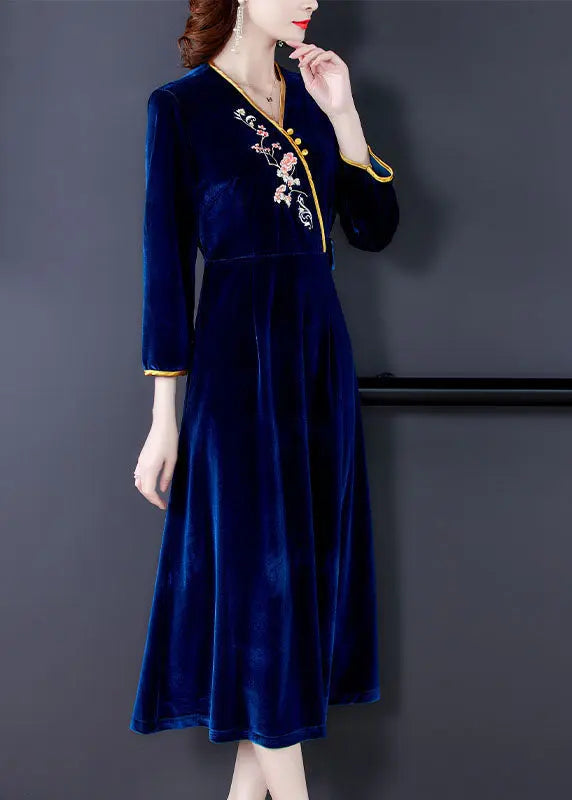 Vintage Dark Blue V Neck Embroidered Floral Silk Velour Holiday Dress Long Sleeve Ada Fashion