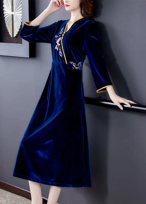 Vintage Dark Blue V Neck Embroidered Floral Silk Velour Holiday Dress Long Sleeve Ada Fashion