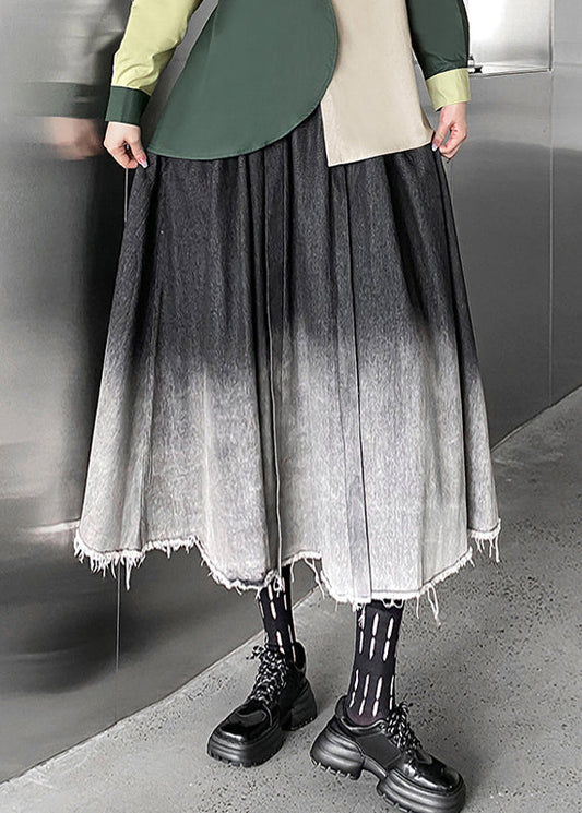Vintage Gradient Color Wrinkled Elastic Waist Patchwork Denim Skirts Fall Ada Fashion