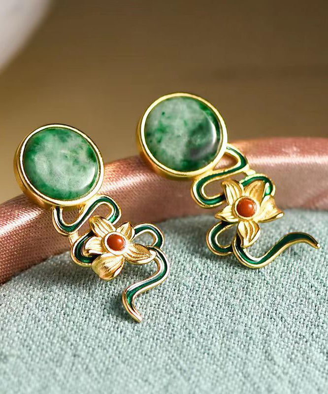 Vintage Green Jade Floral Silver Stud Earrings Ada Fashion