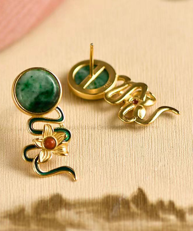 Vintage Green Jade Floral Silver Stud Earrings Ada Fashion