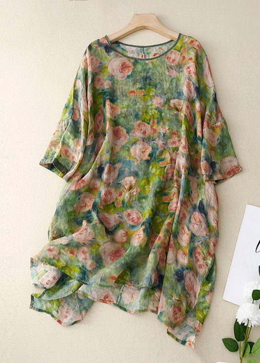 Vintage Green O Neck Print Patchwork Linen Mid Dress Bracelet Sleeve Ada Fashion