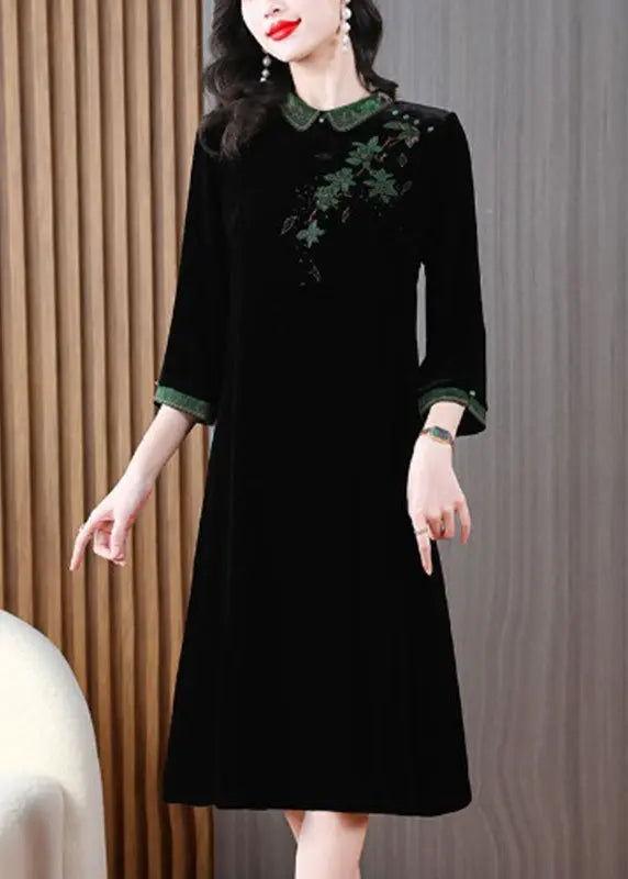 Vintage Green Peter Pan Collar Embroidered Silk Velour Long Dress Long Sleeve Ada Fashion