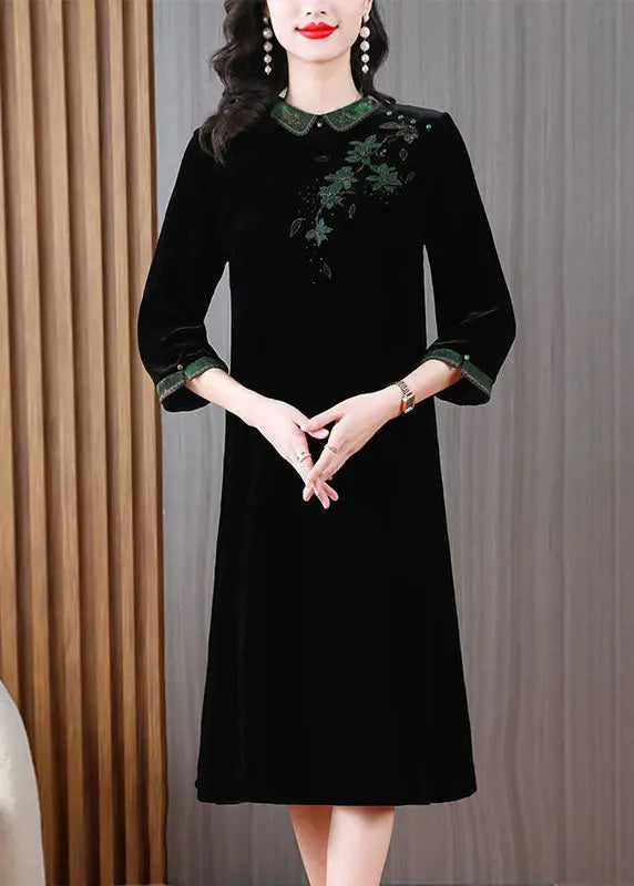 Vintage Green Peter Pan Collar Embroidered Silk Velour Long Dress Long Sleeve Ada Fashion