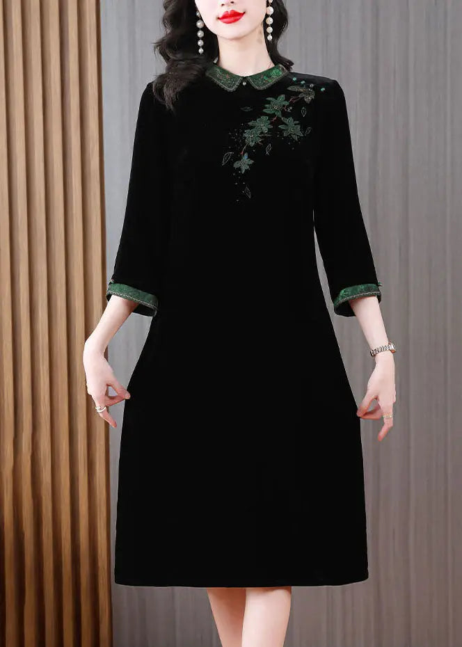 Vintage Green Peter Pan Collar Embroidered Silk Velour Long Dress Long Sleeve Ada Fashion