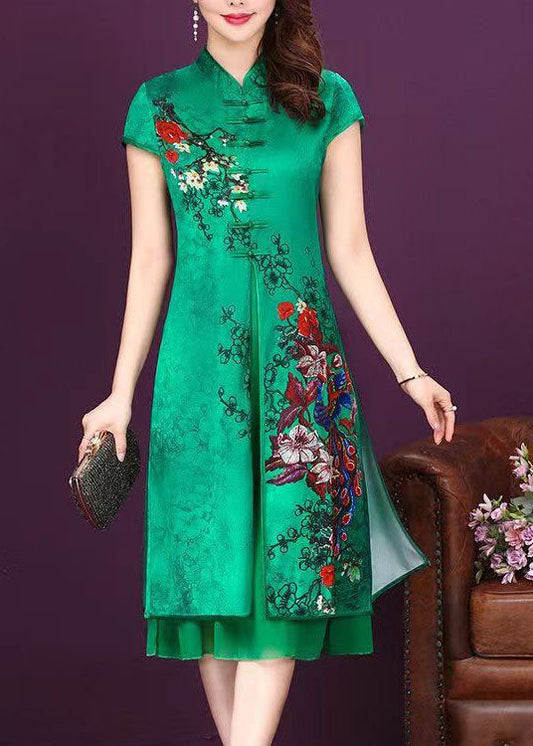 Vintage Green Stand Collar Chinese Button Patchwork Silk Dress Summer LY4659