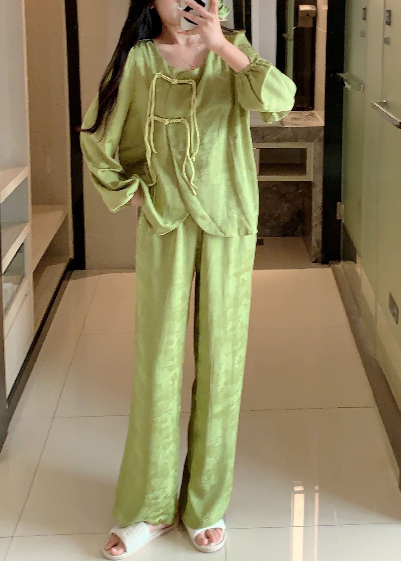 Vintage Green Tasseled Patchwork Ice Silk Two Pieces Set Pajamas Spring LY2753