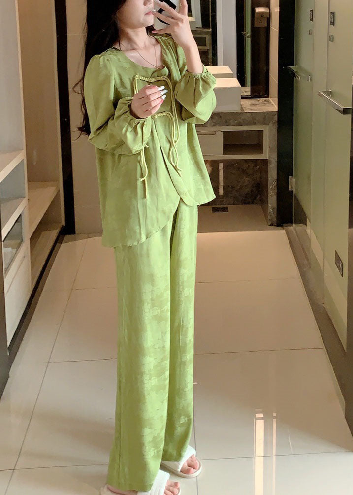Vintage Green Tasseled Patchwork Ice Silk Two Pieces Set Pajamas Spring LY2753