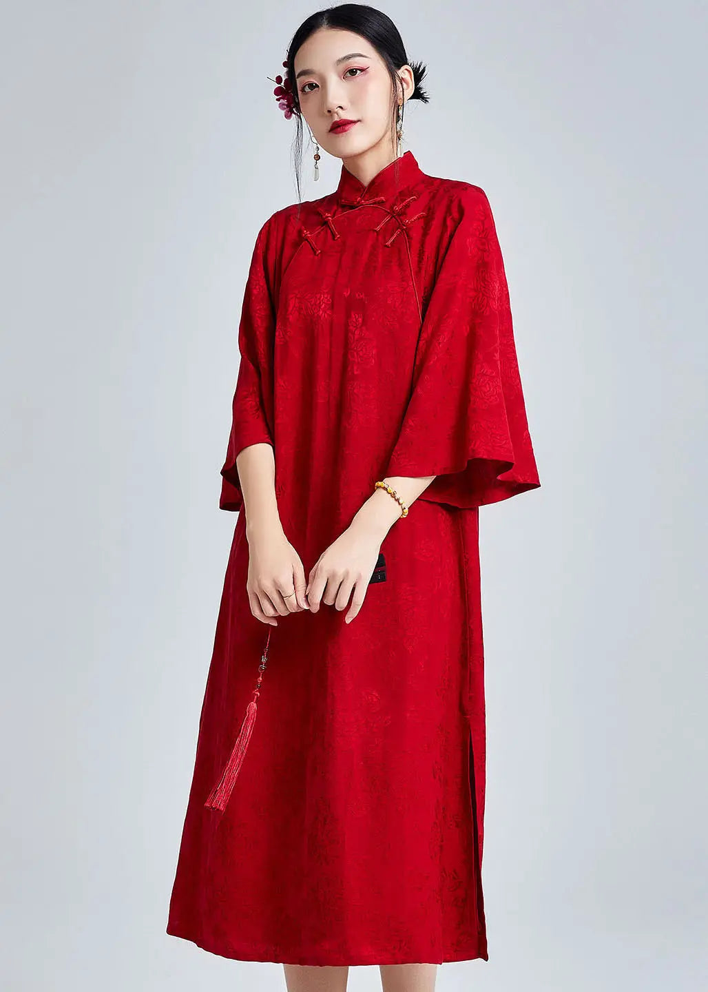 Vintage Jacquard Red Stand Collar Button Maxi Dresses Fall Ada Fashion