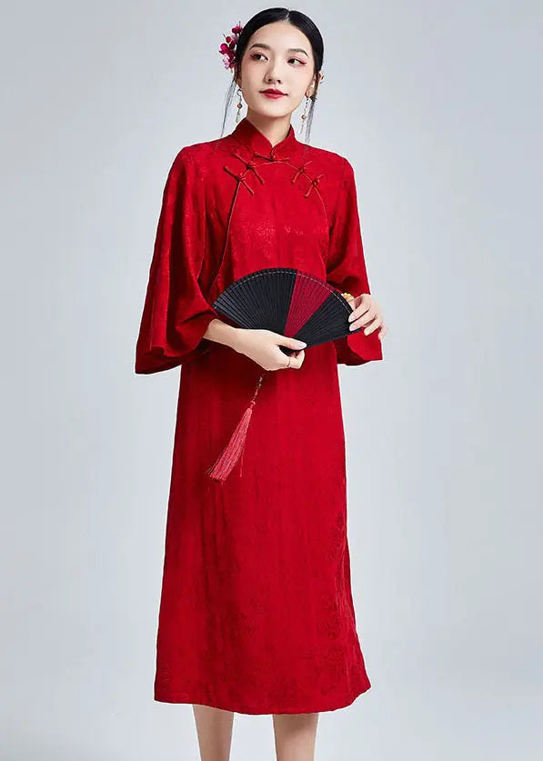 Vintage Jacquard Red Stand Collar Button Maxi Dresses Fall Ada Fashion