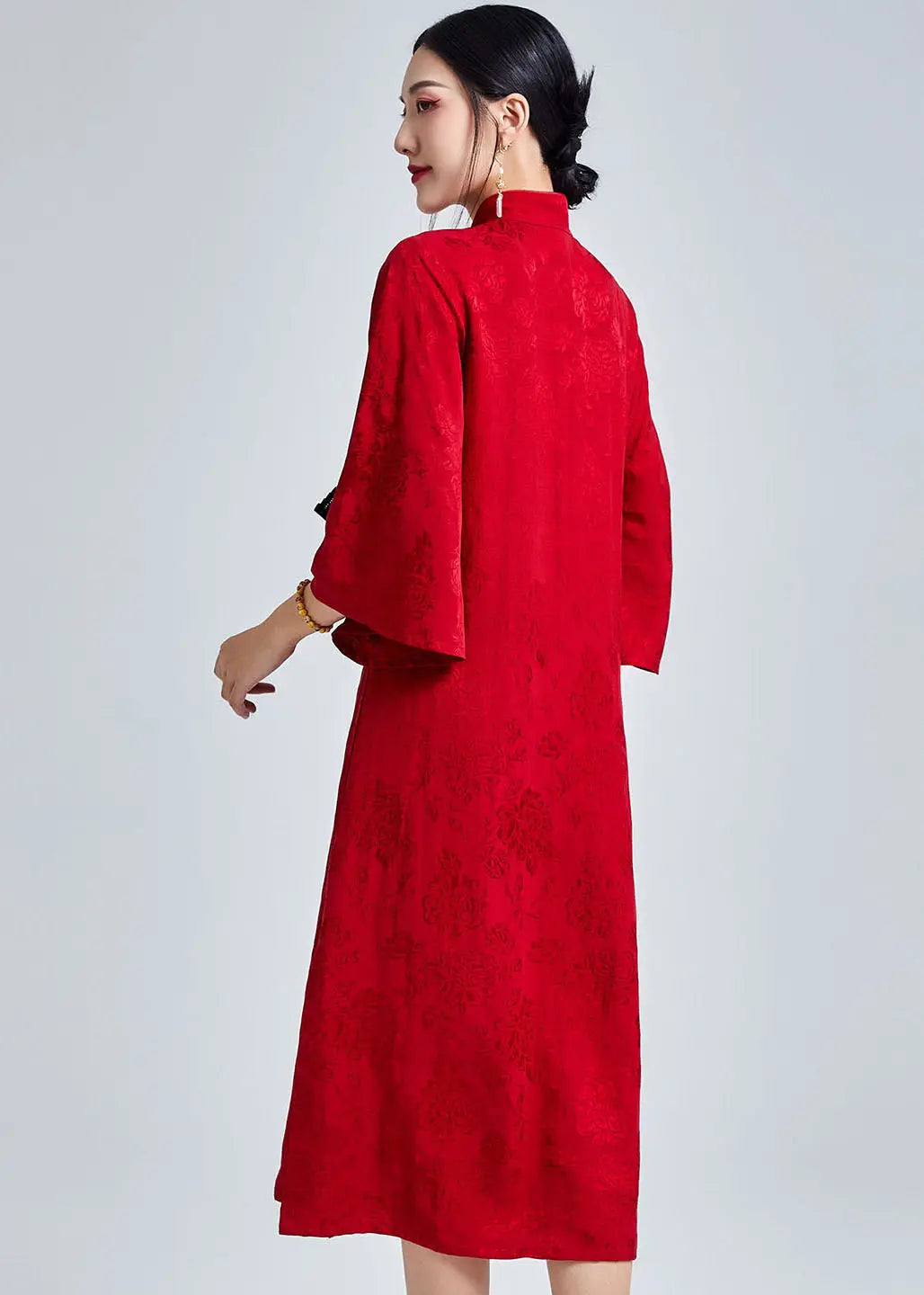 Vintage Jacquard Red Stand Collar Button Maxi Dresses Fall Ada Fashion