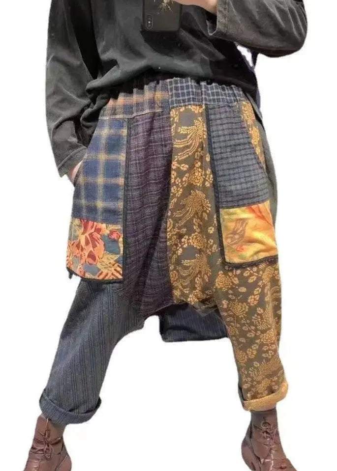 Vintage Plaid Pockets Elastic Waist Patchwork Cotton Harem Pants Fall Ada Fashion