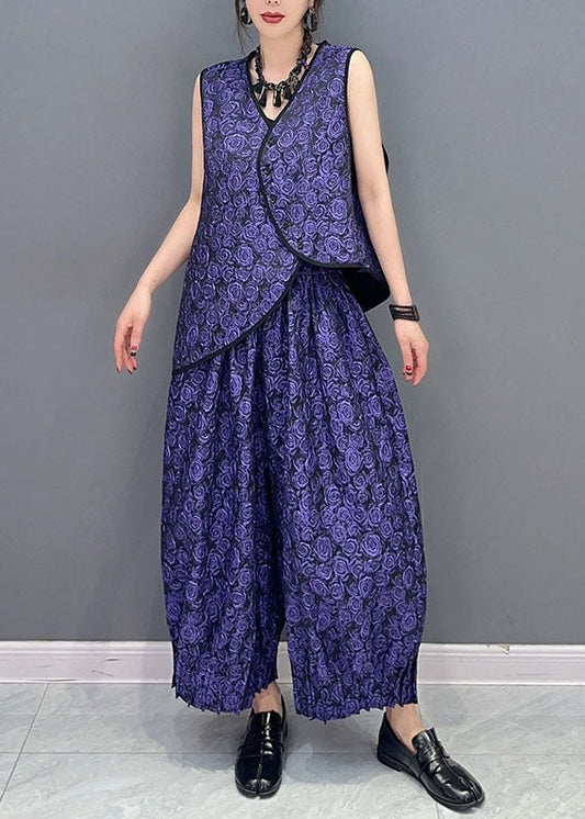 Ensemble deux pièces en coton pour femme, haut sans manches et pantalon, vintage, violet
