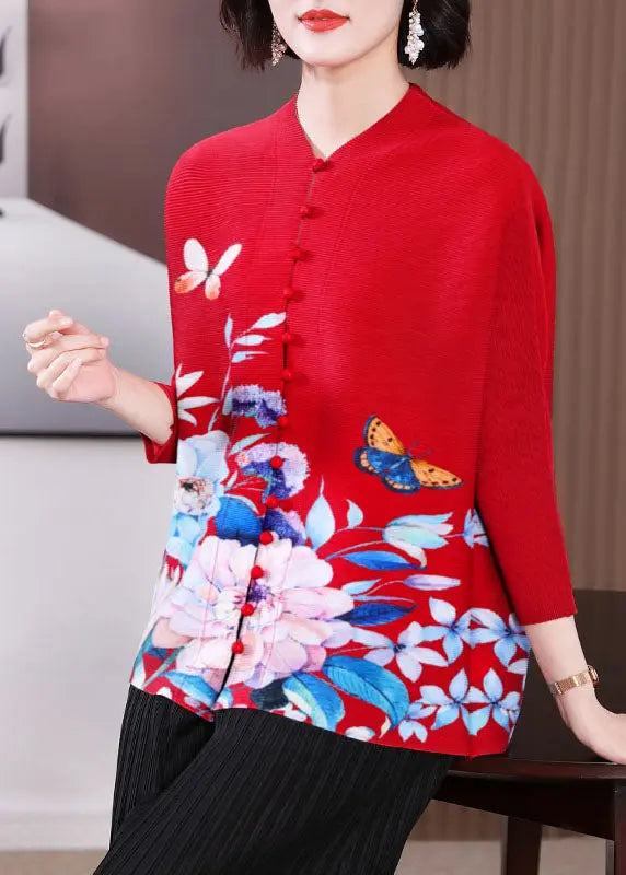Vintage Red O-Neck Print Button Tops Fall Ada Fashion