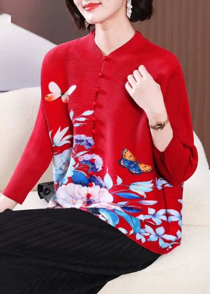 Vintage Red O-Neck Print Button Tops Fall Ada Fashion