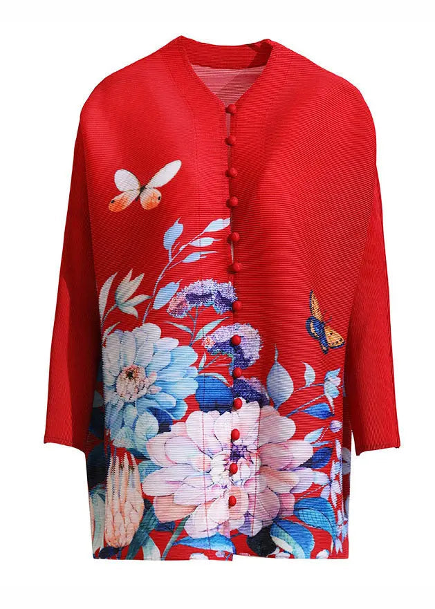 Vintage Red O-Neck Print Button Tops Fall Ada Fashion