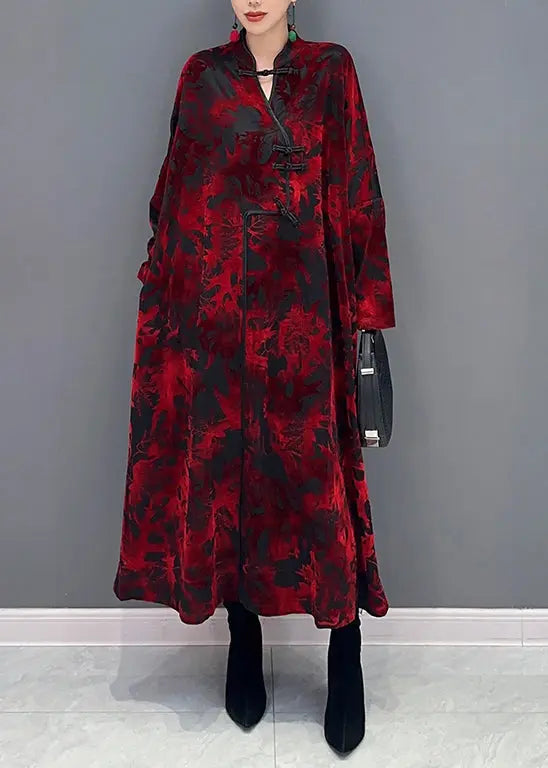 Vintage Red Stand Collar Print Patchwork Loose Velour Dresses Fall Ada Fashion