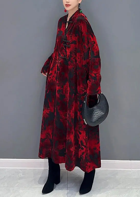 Vintage Red Stand Collar Print Patchwork Loose Velour Dresses Fall Ada Fashion