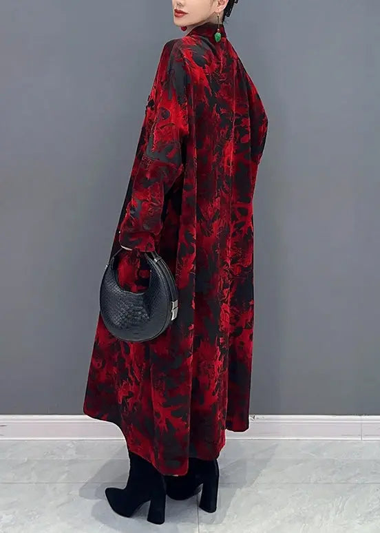 Vintage Red Stand Collar Print Patchwork Loose Velour Dresses Fall Ada Fashion