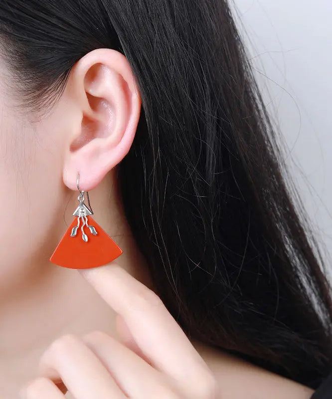 Vintage Red Sterling Silver Triangular Cinnabar Drop Earrings Ada Fashion