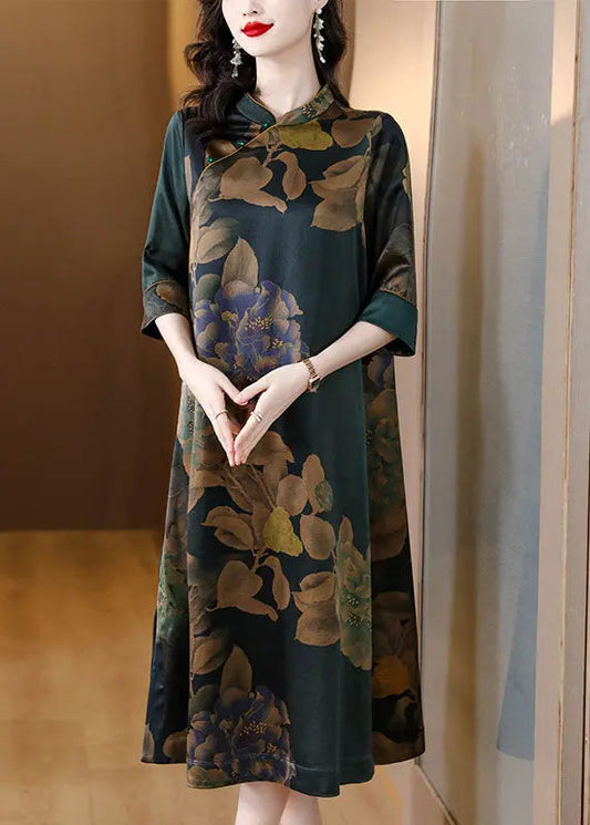 Vintage Stand Collar Print Button Silk Long Dress Fall Ada Fashion