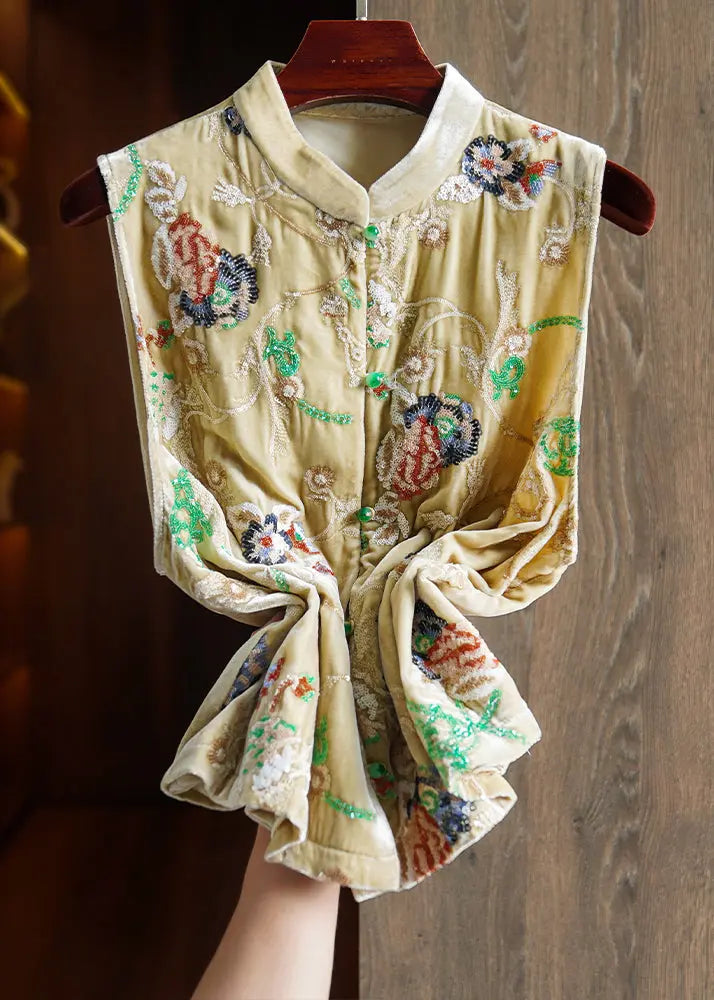 Vintage Yellow Embroidered Button Patchwork Silk Velour Waistcoat Sleeveless Ada Fashion