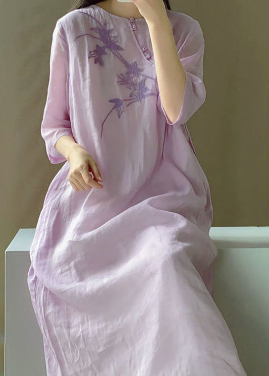 Vintage light Purple O Neck Embroideried Patchwork Cotton Dress Summer LY4622