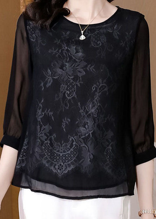 Vogue Black Embroideried Lace Patchwork Silk Tops Bracelet Sleeve LY4594