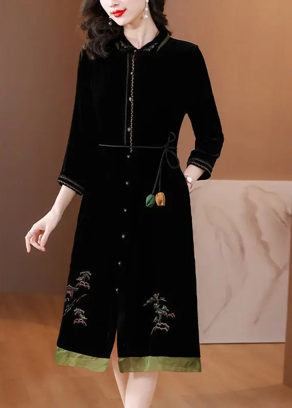 Vogue Black Peter Pan Collar Embroidered Tie Waist Silk Velour Vacation Dresses Fall Ada Fashion