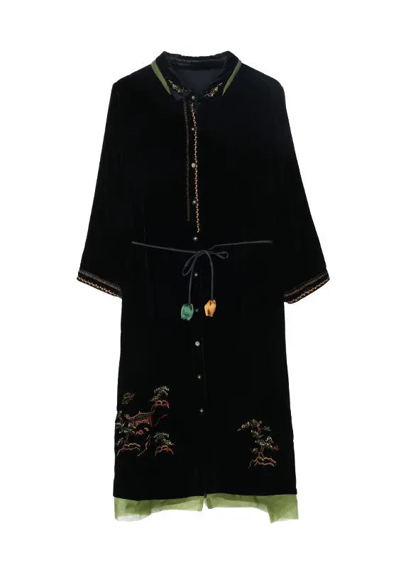 Vogue Black Peter Pan Collar Embroidered Tie Waist Silk Velour Vacation Dresses Fall Ada Fashion