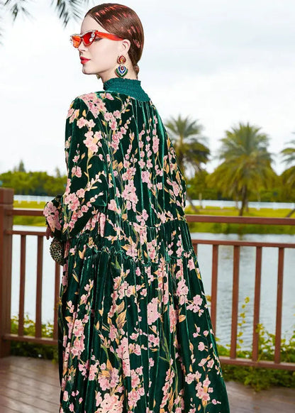 Vogue Blackish Green Turtleneck Print Wrinkled Silk Velour Maxi Dress Fall Ada Fashion