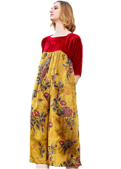 Vogue Red Square Collar Wrinkled Patchwork Silk Velour Maxi Dress Fall Ada Fashion