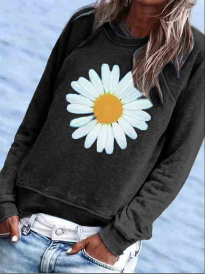 Sweat-shirt à capuche et col rond à imprimé floral pour femme QAL23